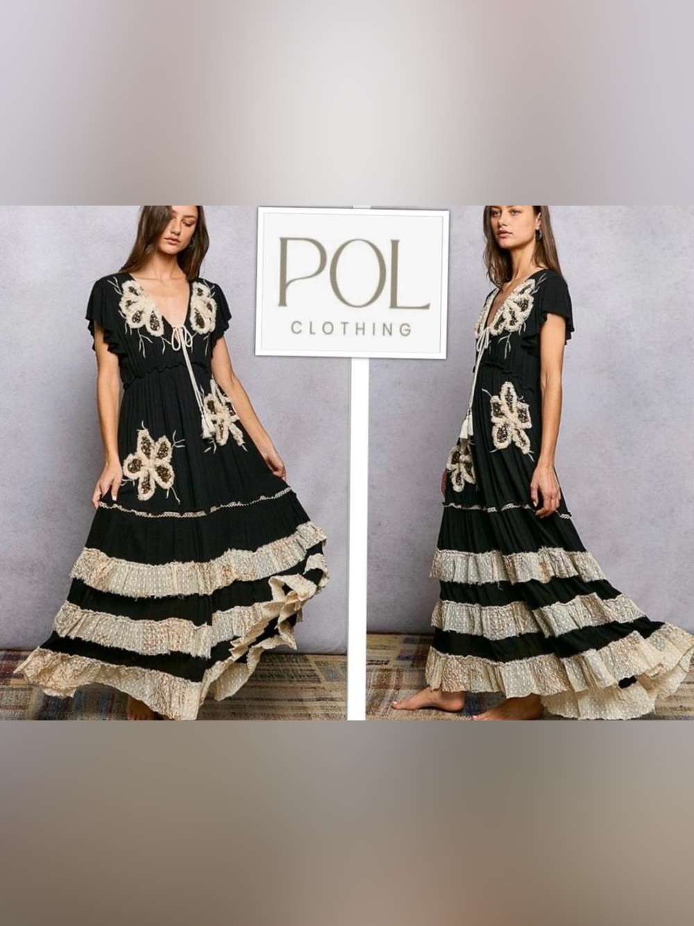 POL Patched Embroidered Sequin Maxi Dress Black Cream Tassel Tie Size Large New - Picture 2 of 8